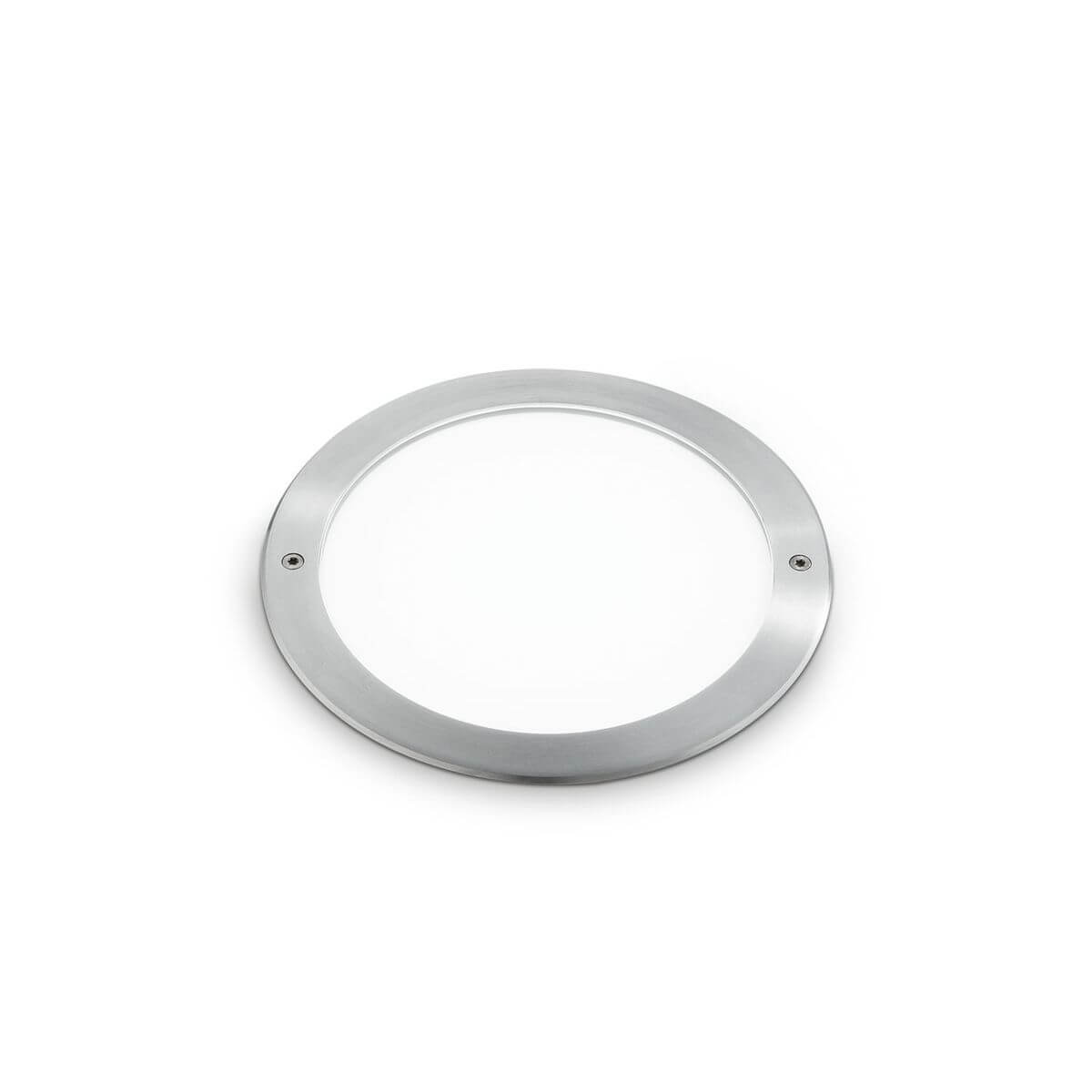 Vue de face du luminaire rond, cadre en aluminium brossé et diffuseur blanc translucide