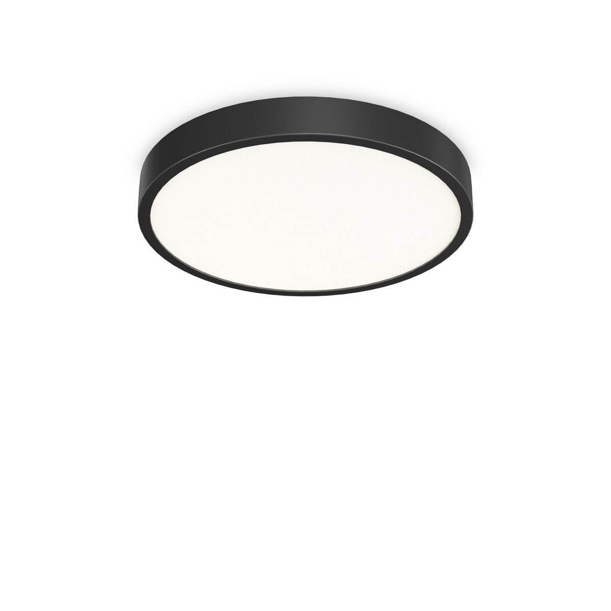 Plafonnier rond noir mat vu de trois quarts, large diffuseur blanc opale lumineux
