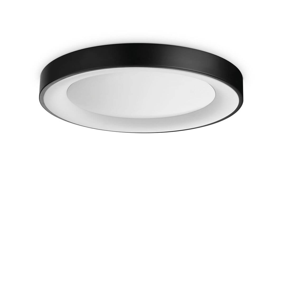 Plafonnier rond noir avec diffuseur blanc, vue de face sur fond blanc