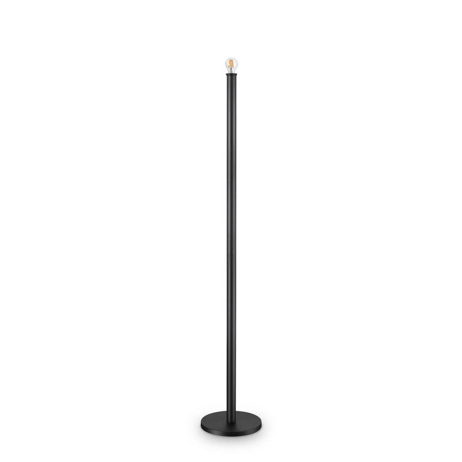 Lampadaire noir sans abat-jour, ampoule apparente au sommet du montant