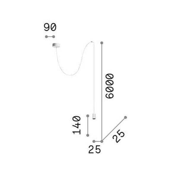 Schéma coté : base 90, câble 6000, hauteur 140 et diamètre 25 mm