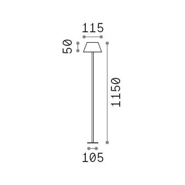 Schéma technique coté du lampadaire : hauteur 1150 mm, abat-jour 115 mm et base 105 mm.