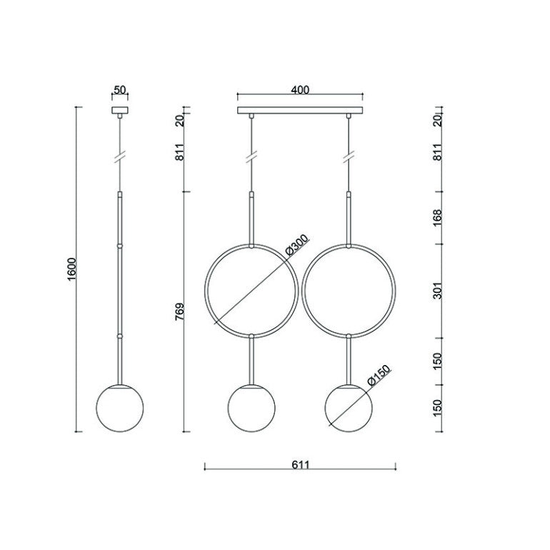 Schéma de dimensions du luminaire : hauteurs, largeur, diamètres des anneaux et globes.