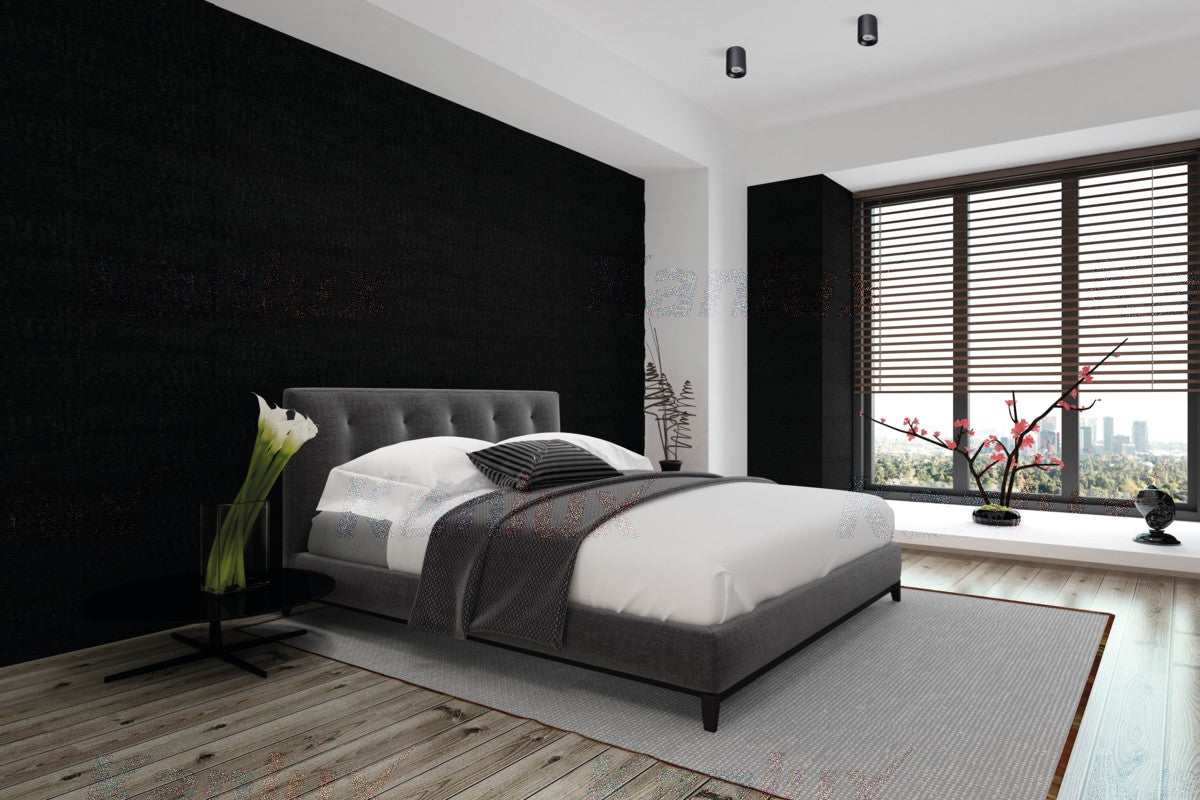 Deux spots noirs fixés au plafond éclairent une chambre moderne.