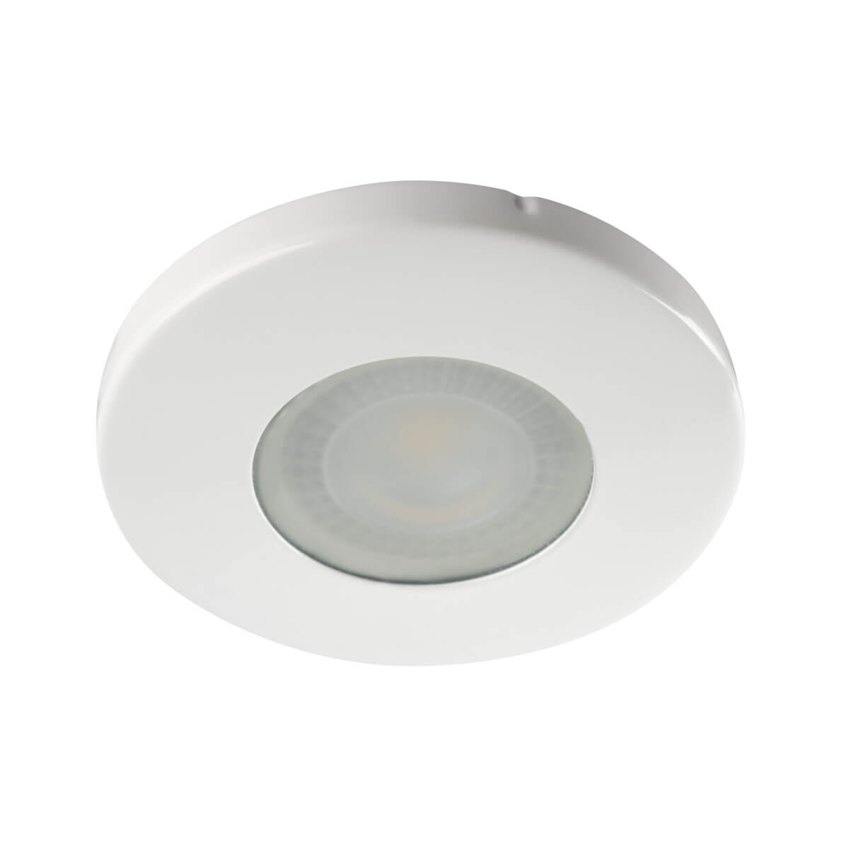 Vue de face du spot blanc rond, diffuseur central et collerette lisse