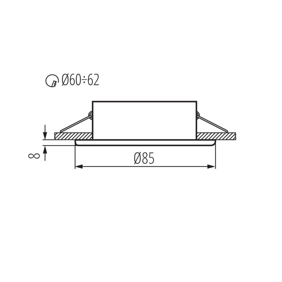 Schéma technique coté : diamètre extérieur 85 mm et découpe 60 à 62 mm