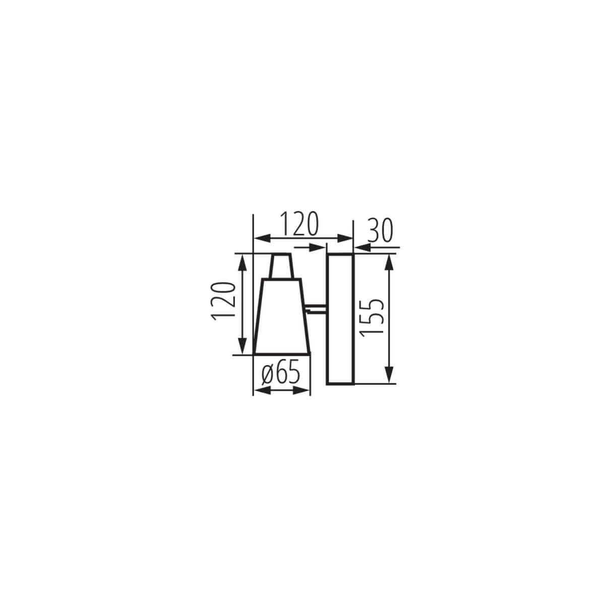 Schéma technique côté : diamètre 65 mm, hauteur 155 mm et profondeur 120 mm.