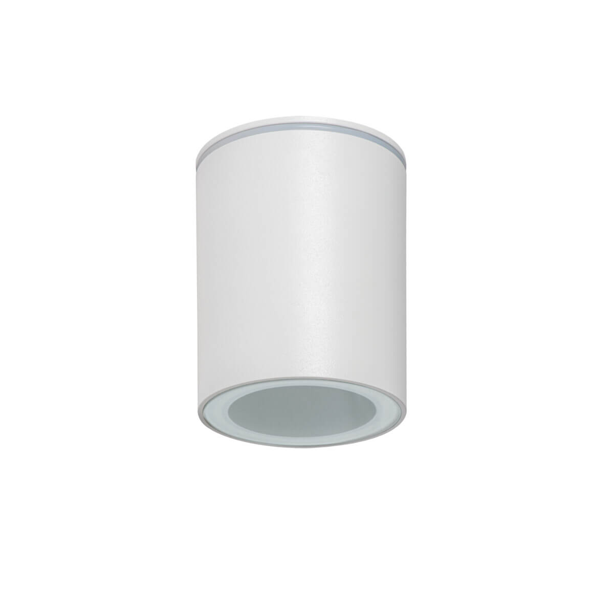 Spot cylindrique blanc vu de face, montrant sa forme compacte et sa finition unie.