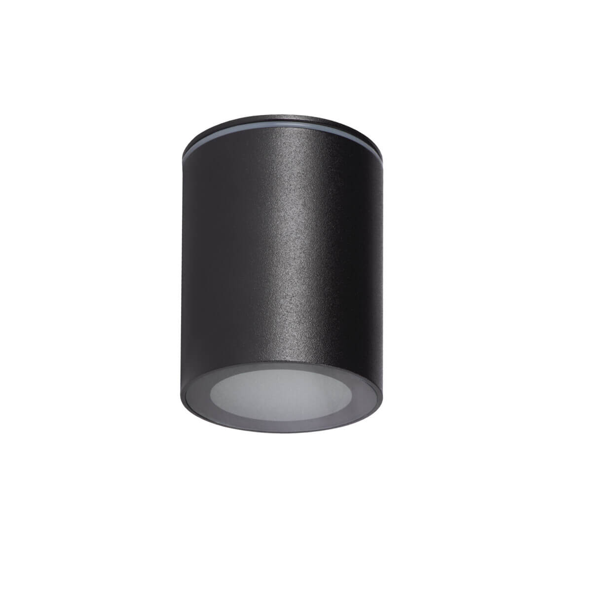 Spot cylindrique noir vu de face, diffuseur blanc crème visible sous le boîtier.