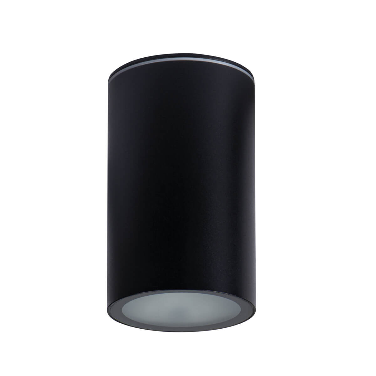 Spot cylindrique noir de face avec diffuseur blanc circulaire en dessous.