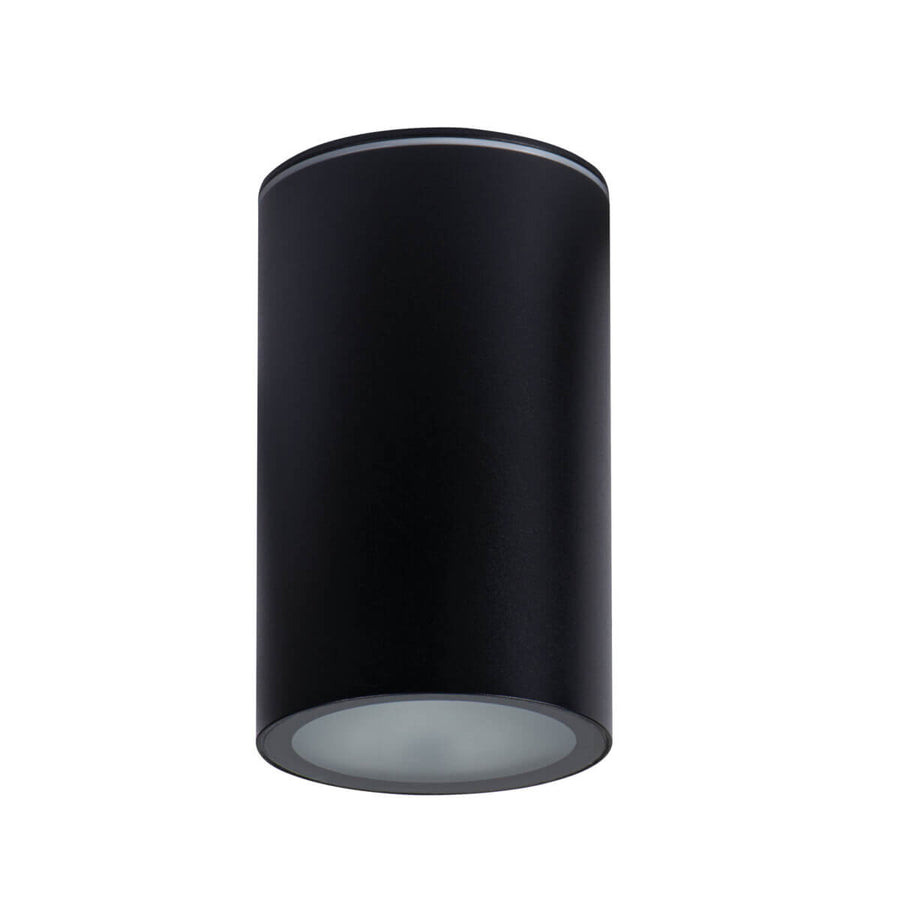 Spot cylindrique noir de face avec diffuseur blanc circulaire en dessous.