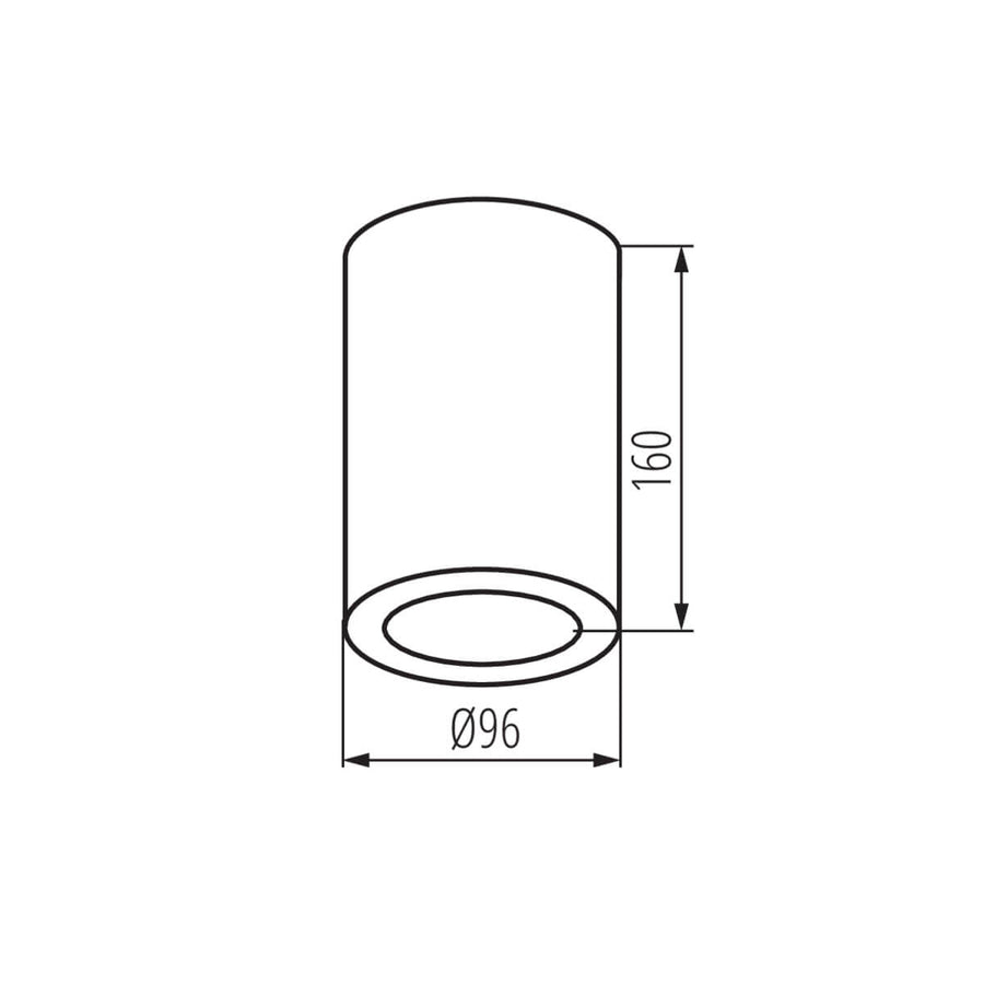 Schéma de dimensions du spot avec hauteur 160 mm et diamètre 96 mm.