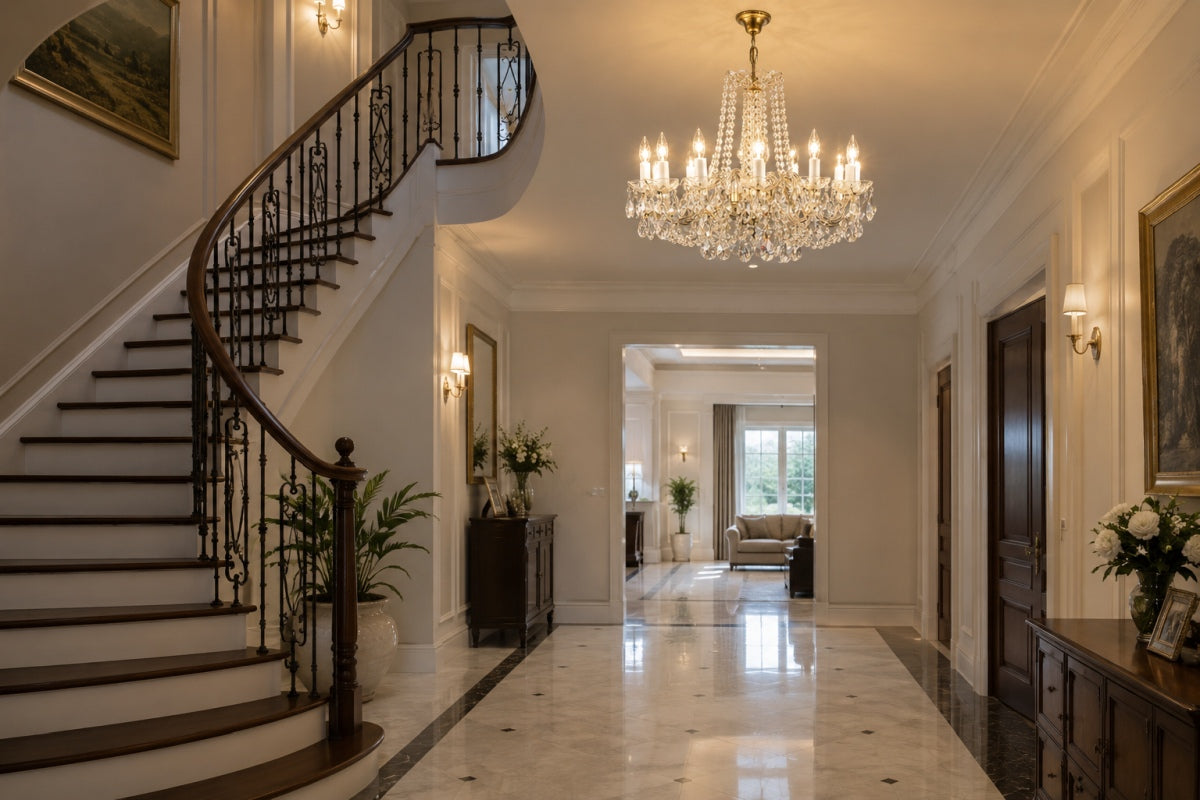 Mise en ambiance du lustre dans un hall d'entrée avec escalier en bois.