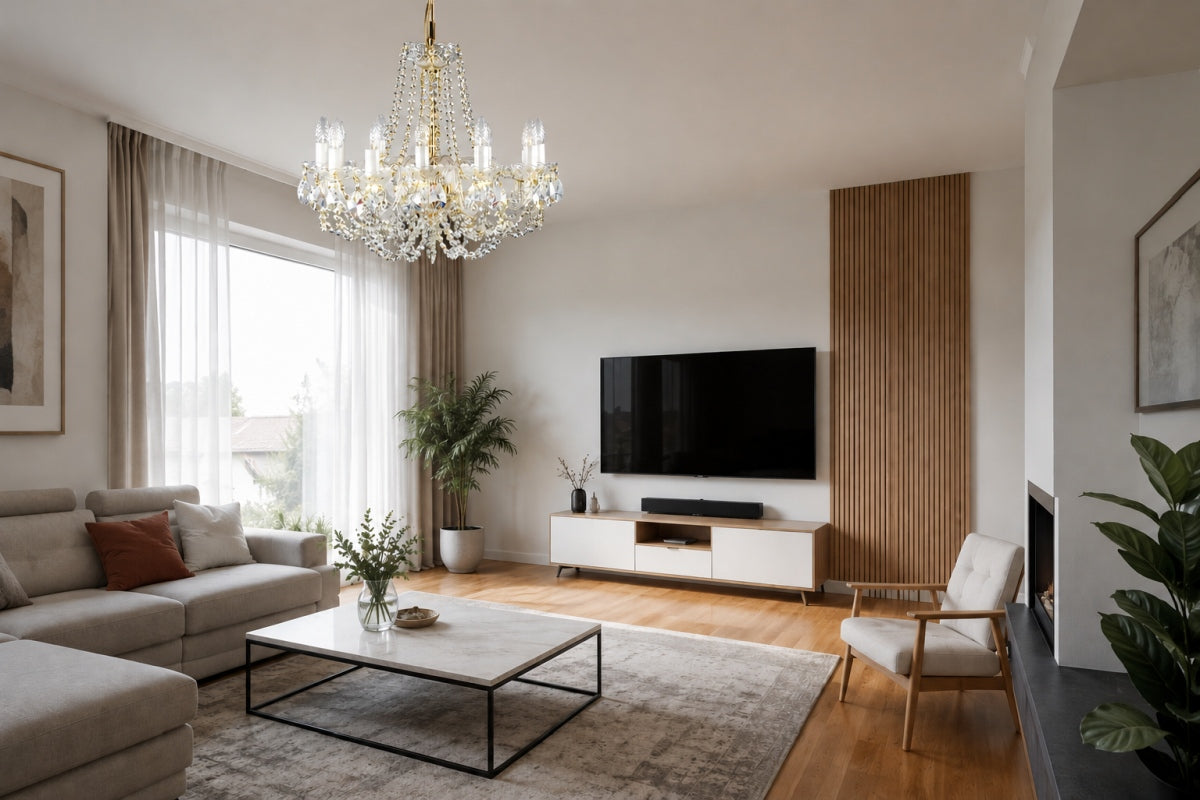 Mise en ambiance dans un salon moderne clair, lustre suspendu au plafond.