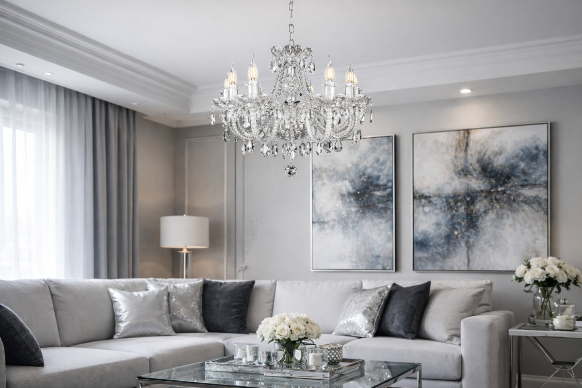 Mise en ambiance du lustre suspendu dans un salon gris clair moderne