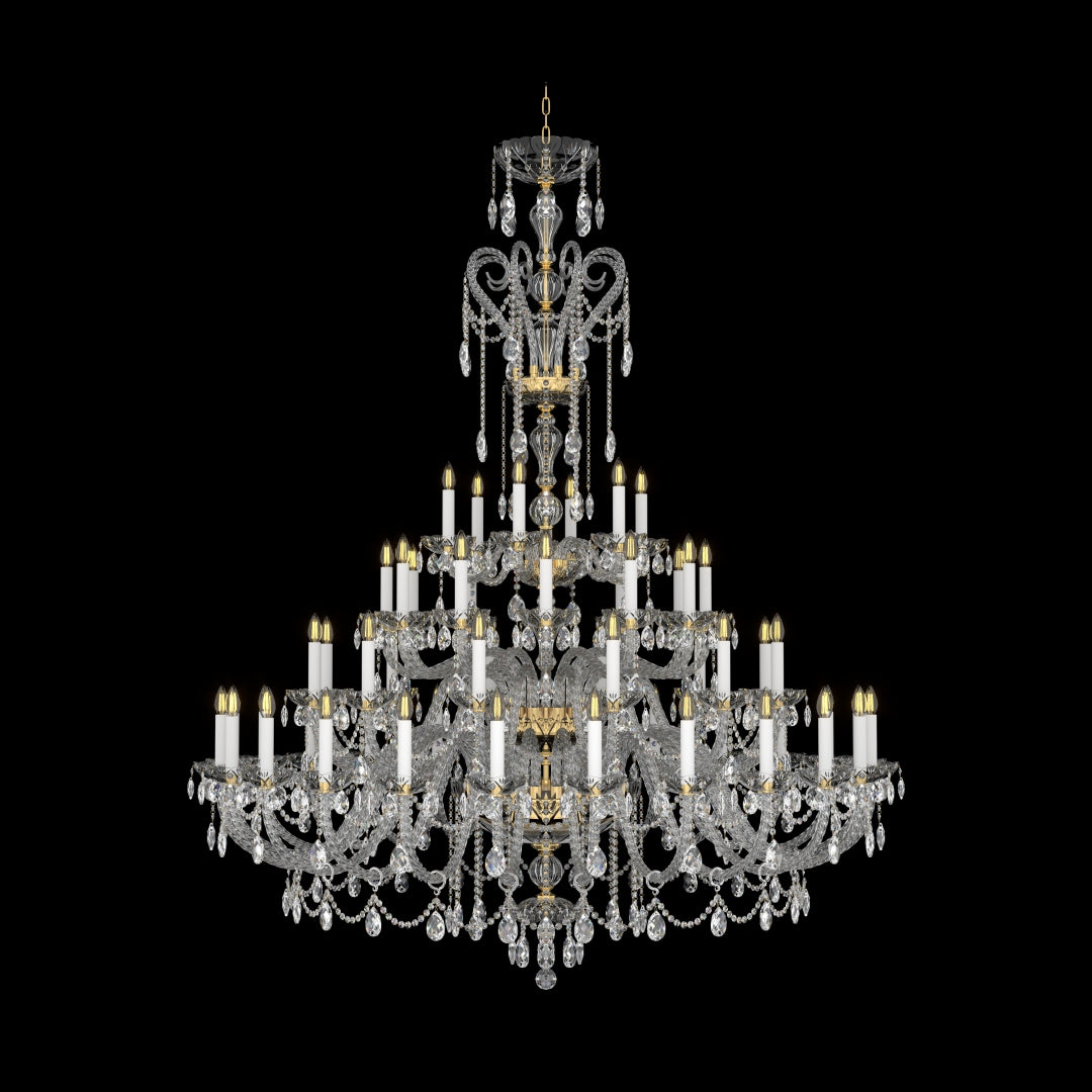 Lustre en cristal à plusieurs étages, de face, avec bras lumineux et pendeloques