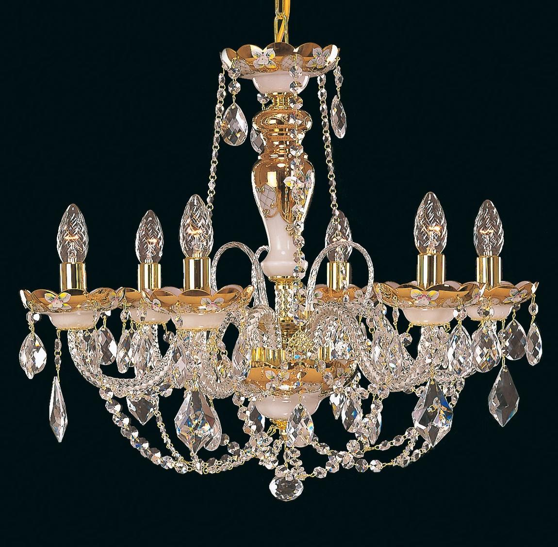 Lustre suspendu doré avec six bras, coupelles en verre et pendeloques en cristal