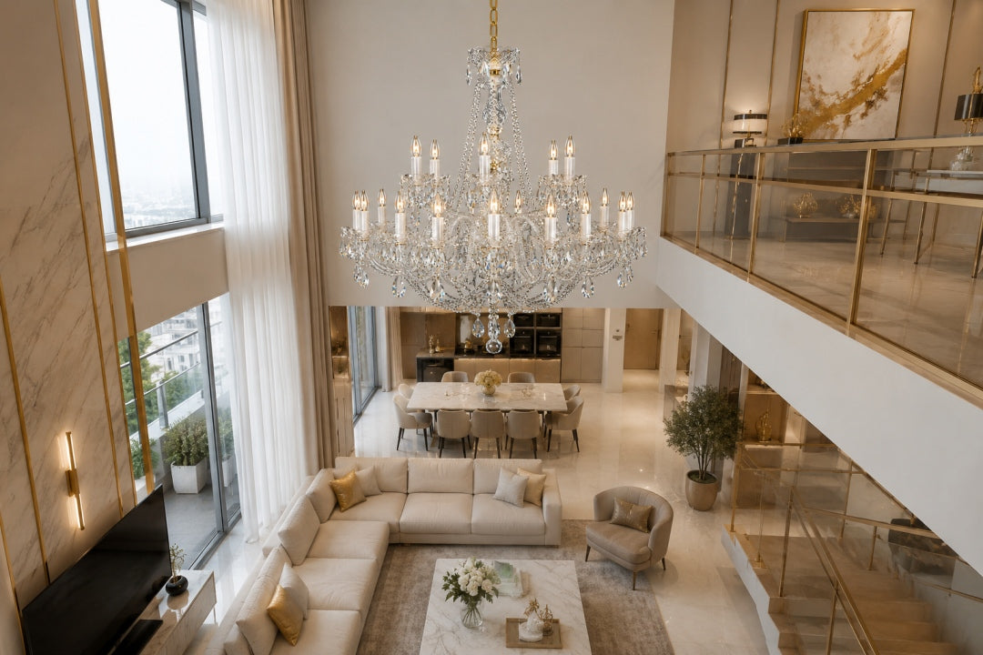 Vue plongeante d'un séjour duplex, lustre au-dessus du salon et salle à manger