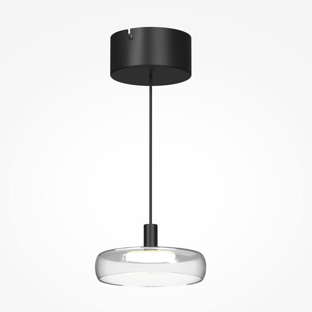 Suspension noire complète vue de face, verre transparent et câble fin