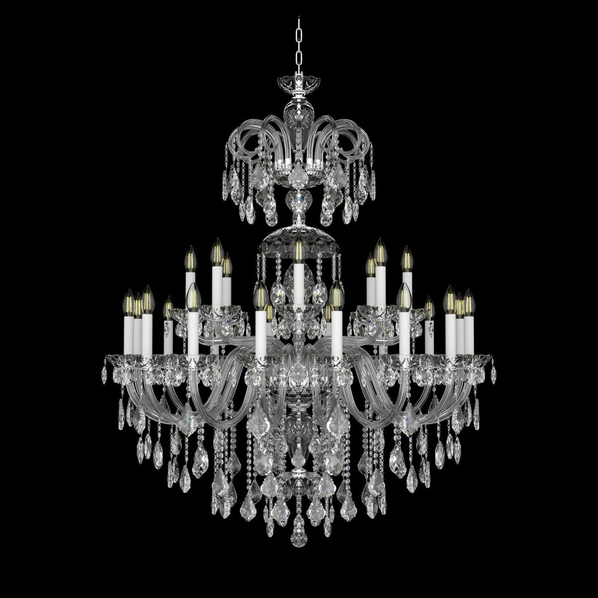 Lustre en cristal vu de face, gouttes de cristal et bras courbes dorés