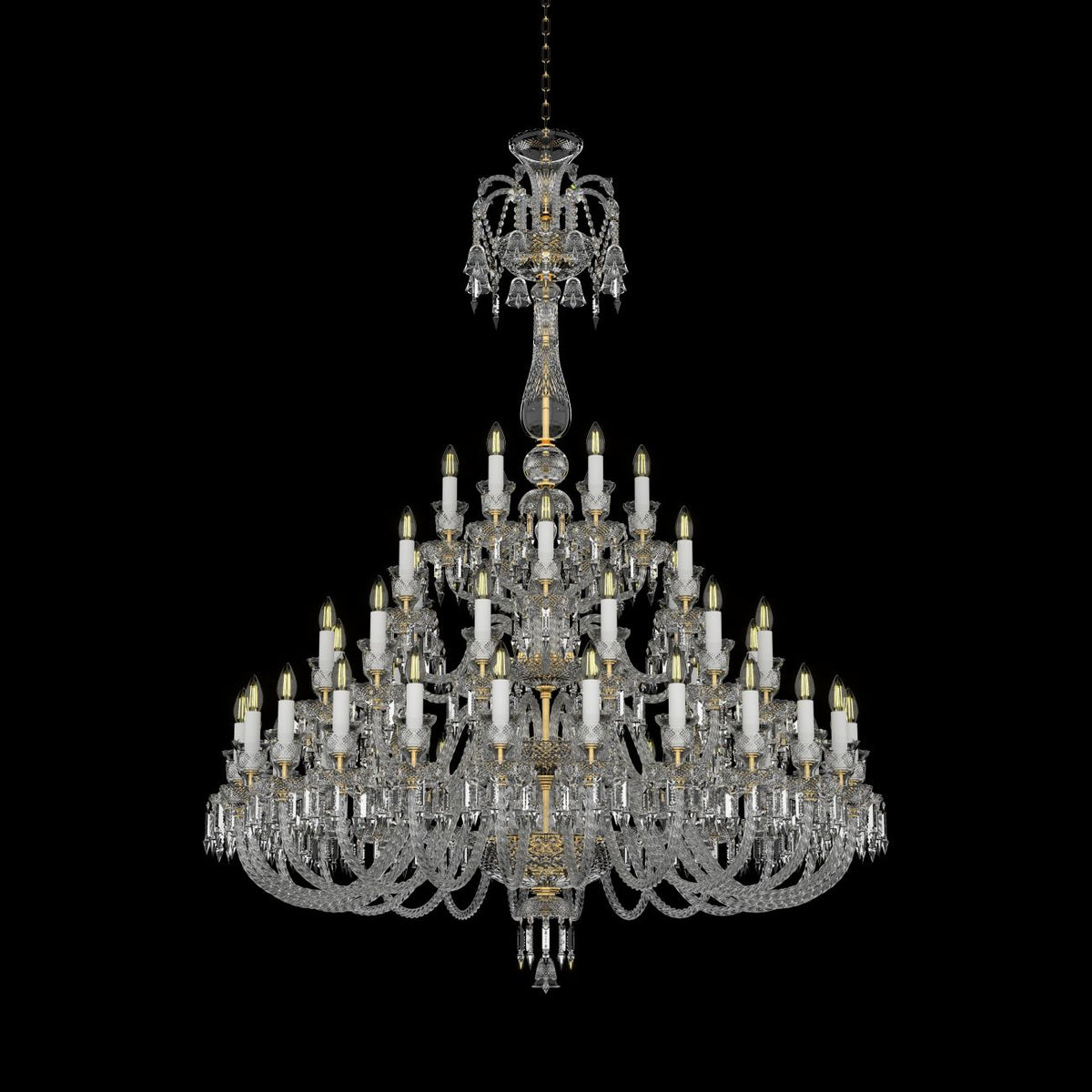 Lustre en cristal présenté de face sur fond noir, montrant ses multiples bras et pampilles.