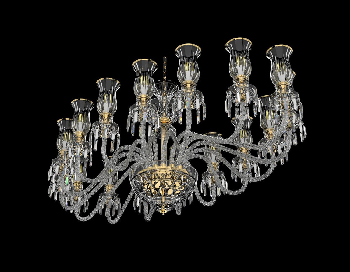 Vue en plongée du lustre allumé, montrant ampoules et bras recourbés en cristal.