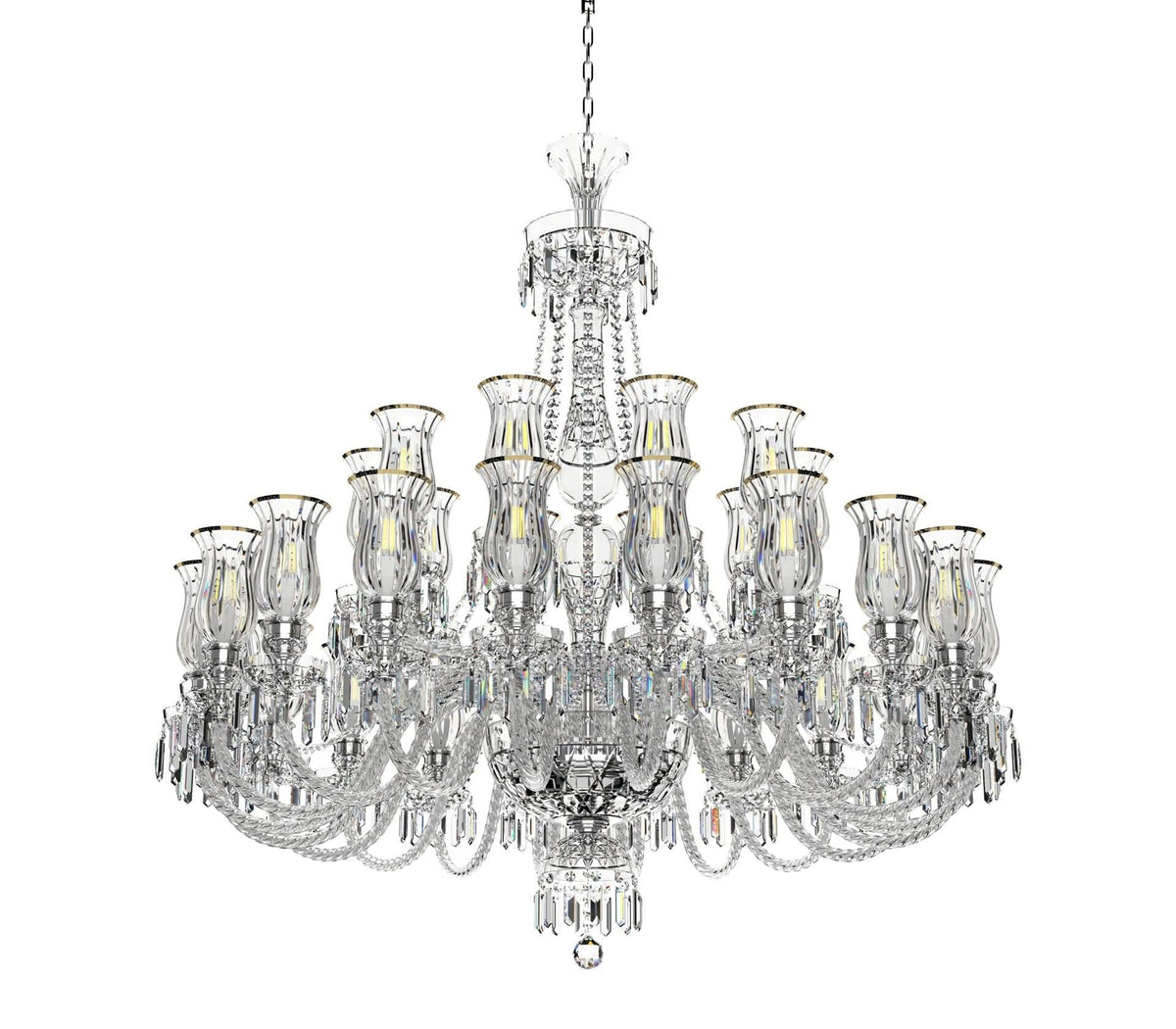 Lustre présenté sur fond blanc, silhouette complète avec sa chaîne de fixation.
