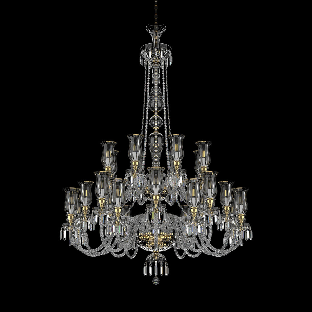 Lustre en cristal à quinze lumières, vue de face sur fond noir