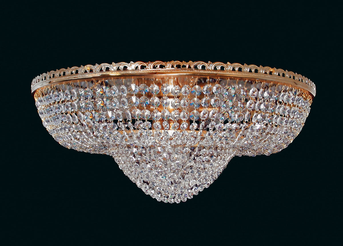 Plafonnier en cristal finition dorée, vue de face sur fond noir