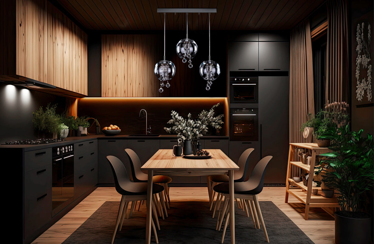 Mise en ambiance cuisine contemporaine, suspension au-dessus d'une table en bois clair