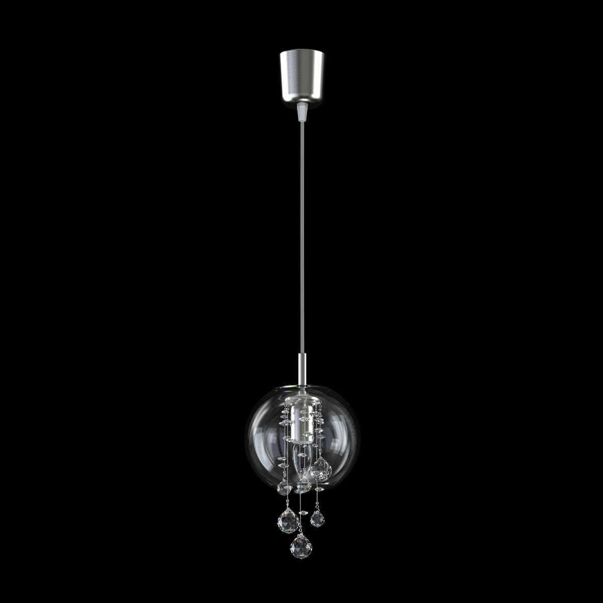 Suspension finition chromée, vue de face sur fond noir, sphère en verre transparent.