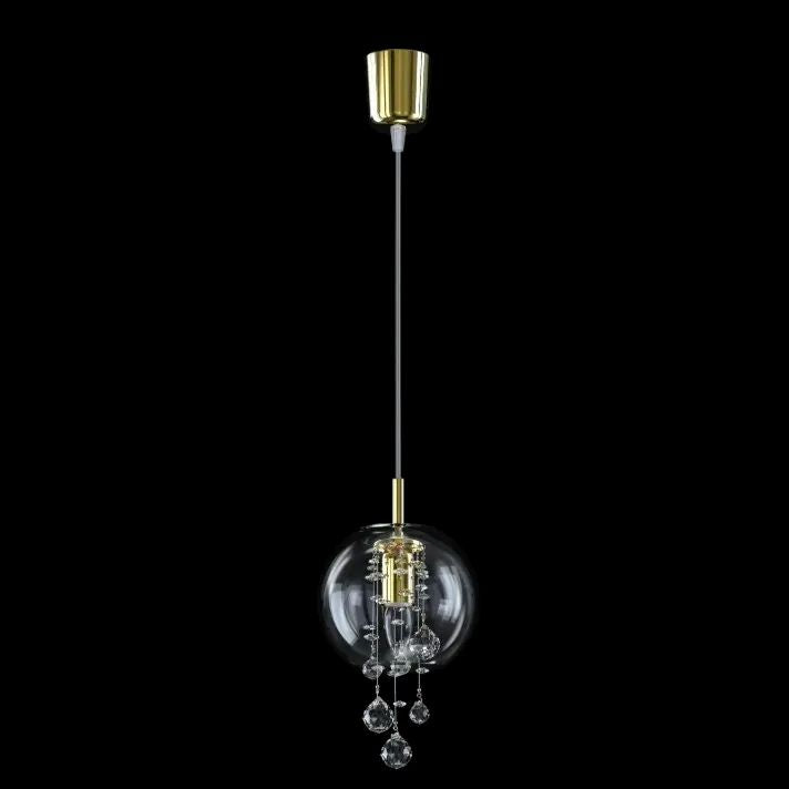 Suspension finition dorée présentée de face, boule de verre et pampilles cristal.