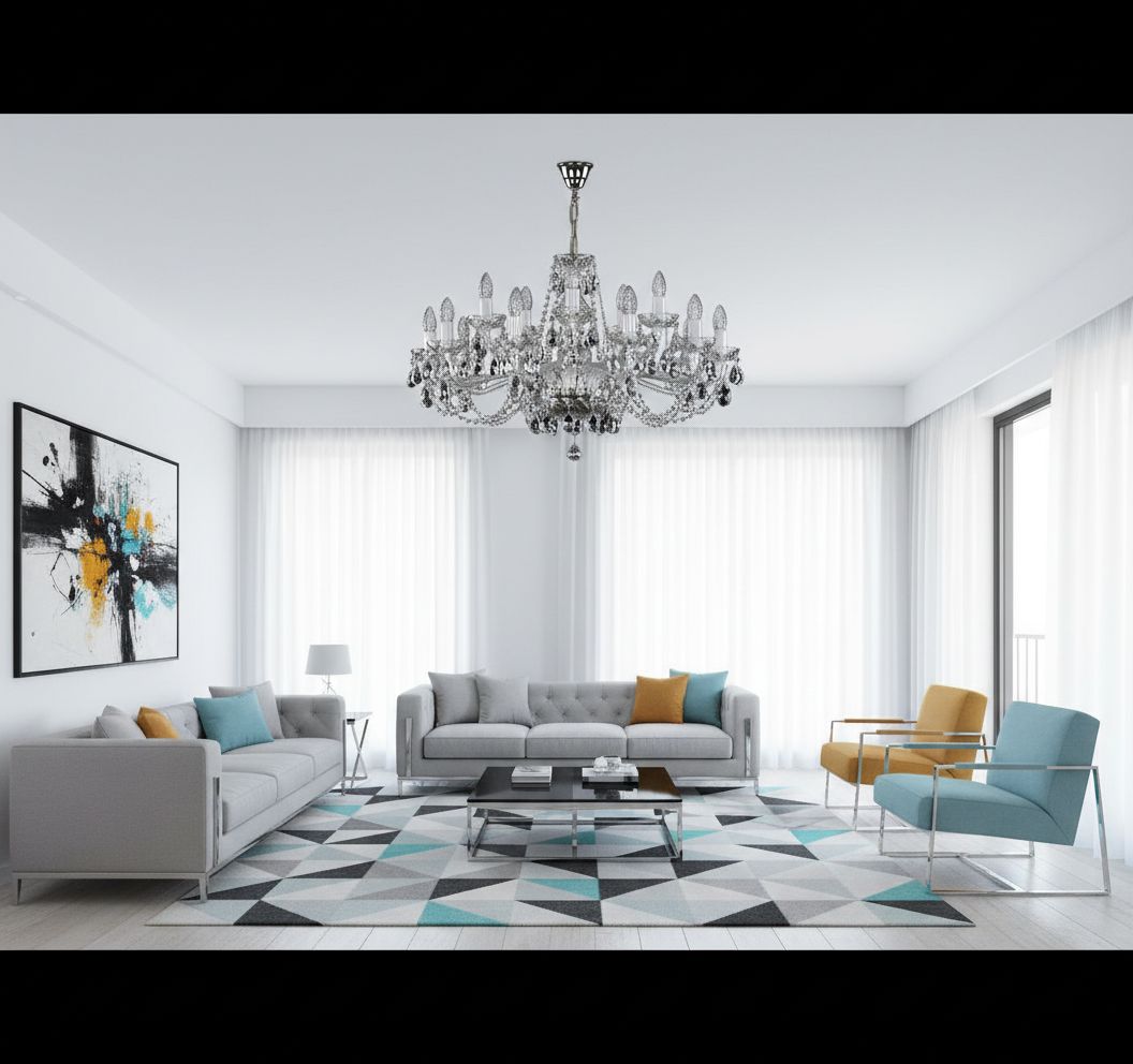 Luminaire suspendu au-dessus d'un salon moderne gris et blanc au tapis géométrique.