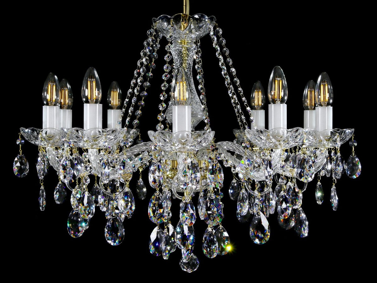 Lustre en cristal de face, neuf bras lumineux suspendus avec pampilles scintillantes