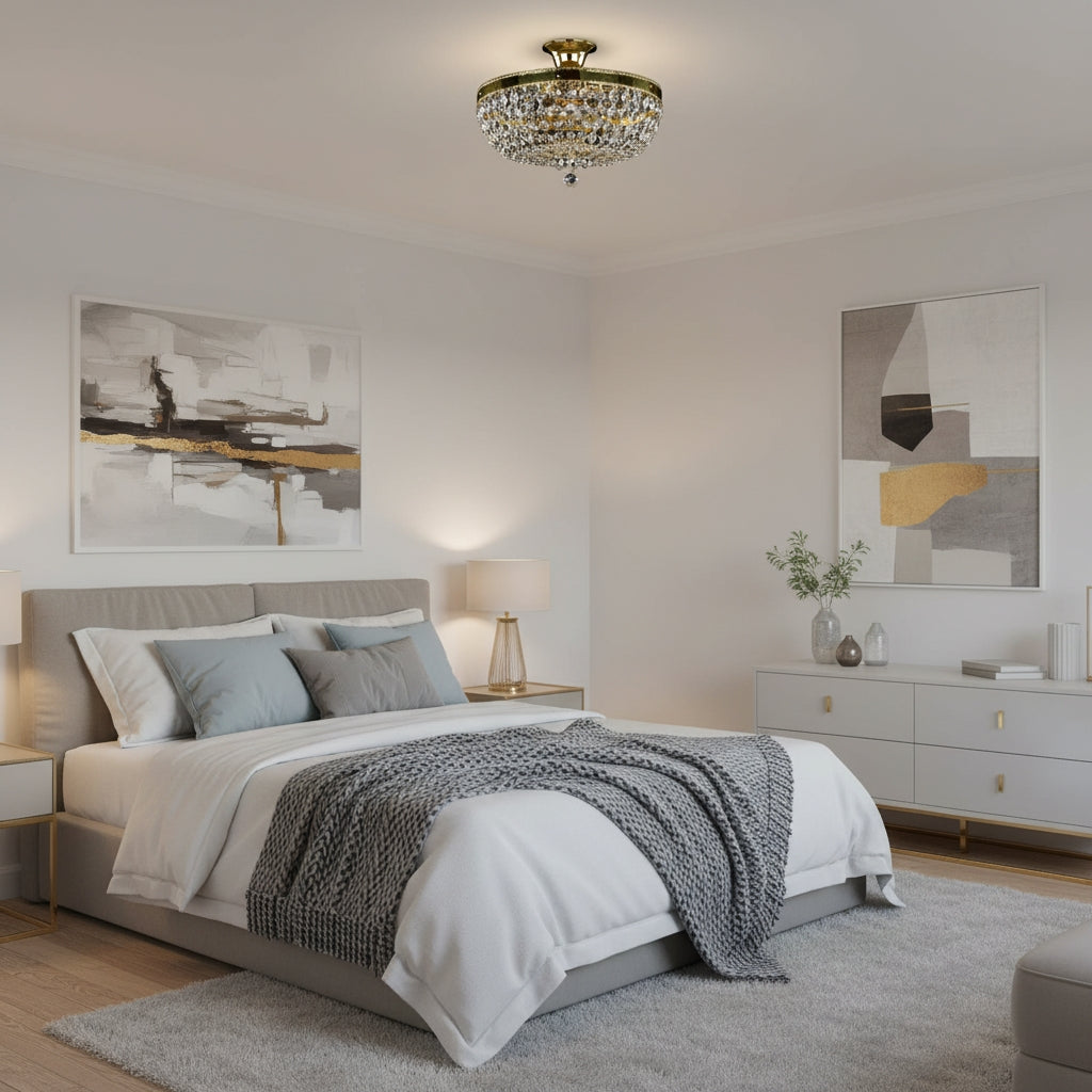Mise en ambiance dans une chambre moderne claire, plafonnier doré allumé au plafond
