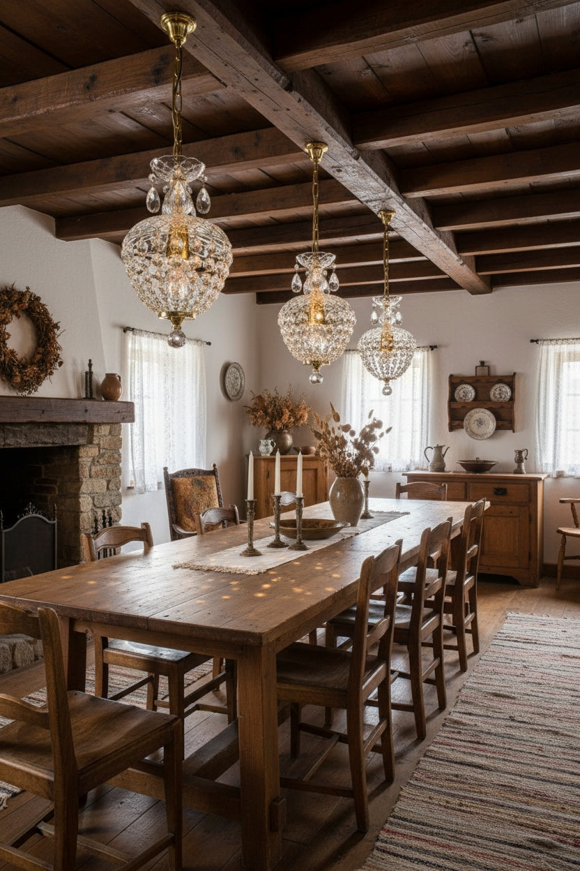 Salle à manger rustique à poutres apparentes avec plusieurs luminaires suspendus