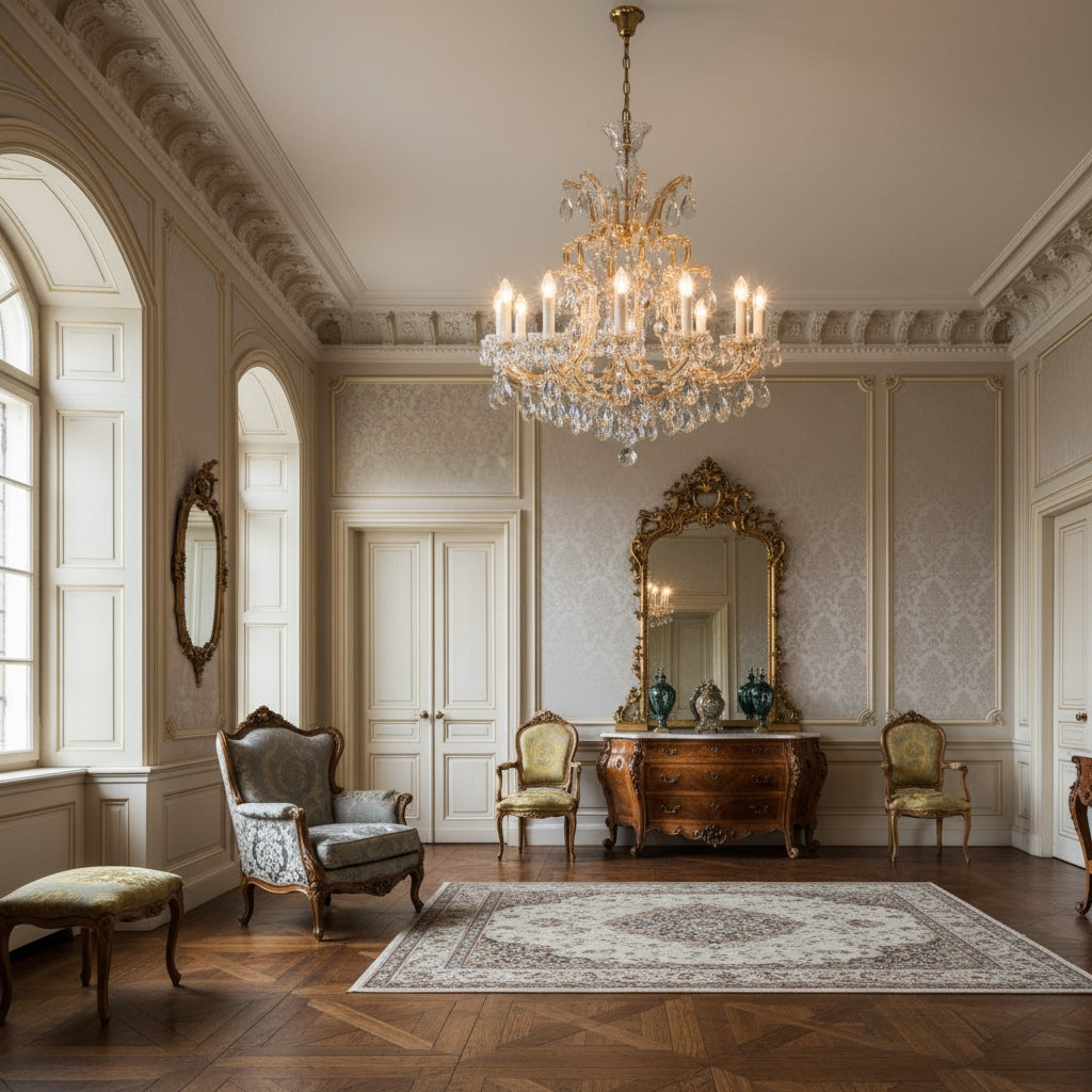 Lustre allumé suspendu au plafond d'un grand salon classique aux boiseries ivoire