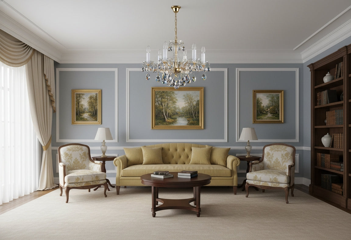 Lustre allumé au centre d'un salon classique aux murs gris bleuté