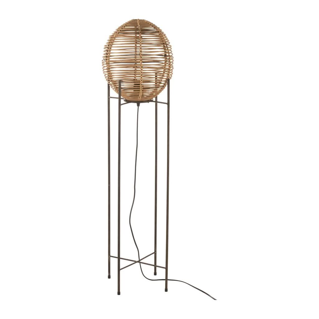 Lampadaire à abat-jour ovale en rotin tressé sur structure métallique noire, vue de face