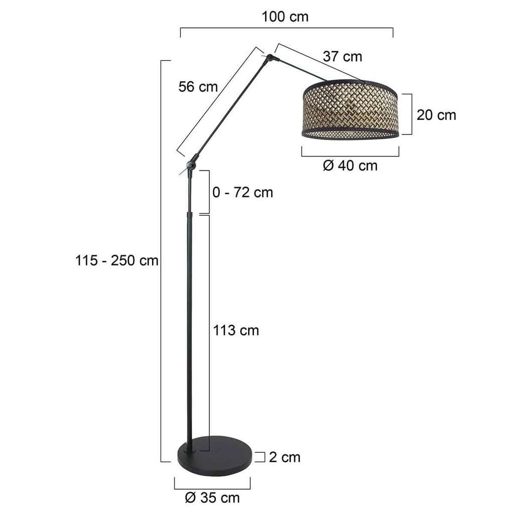 Schéma technique coté du lampadaire réglable avec mesures en centimètres