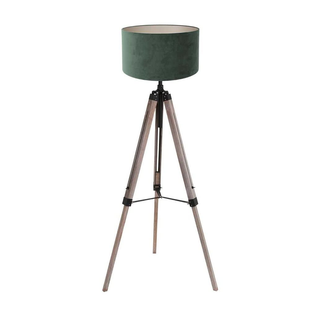 Vue d'ensemble du lampadaire trépied avec abat-jour cylindrique vert et pieds en bois.