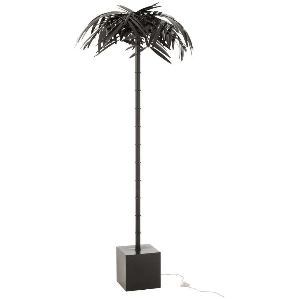 Lampe sur pied noire en métal, feuillage palmier, fond blanc, produit de face.