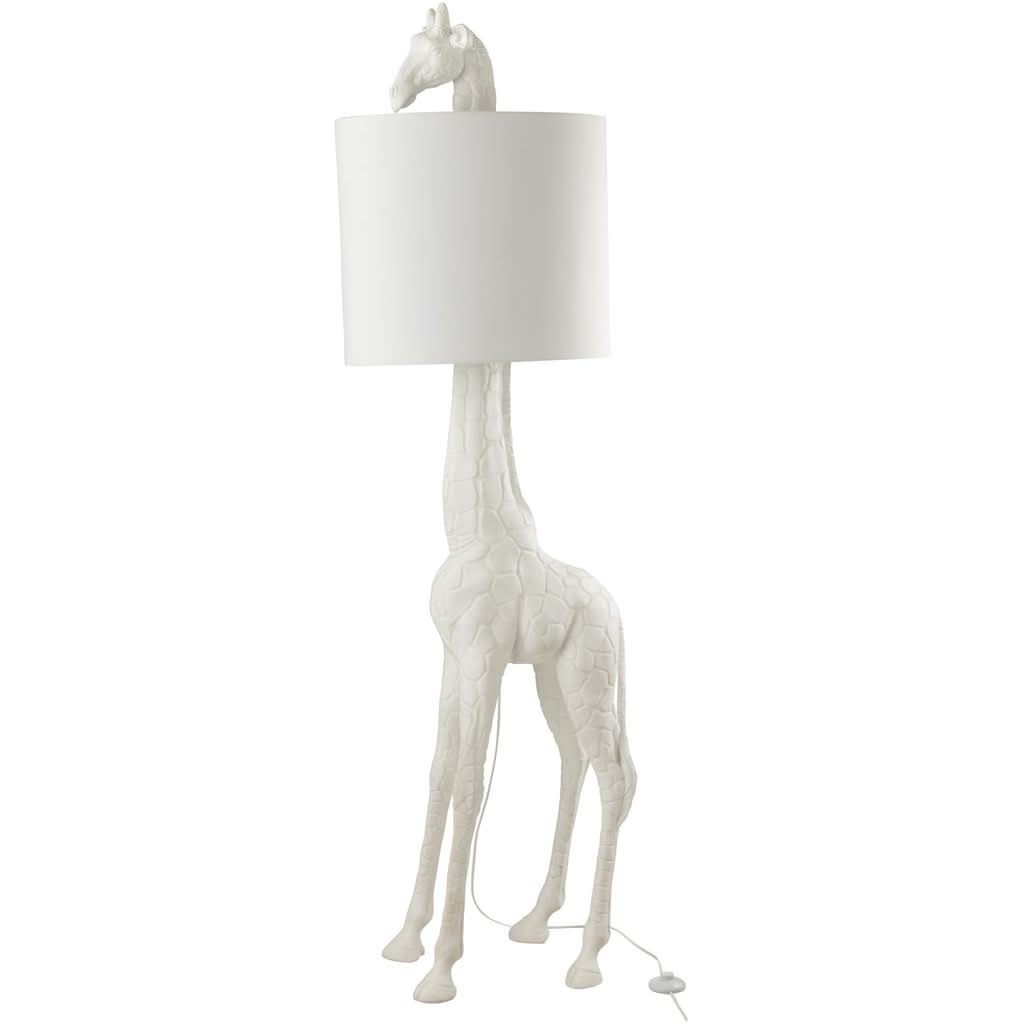 Lampe au sol en forme de girafe blanche avec abat-jour cylindrique et interrupteur au pied