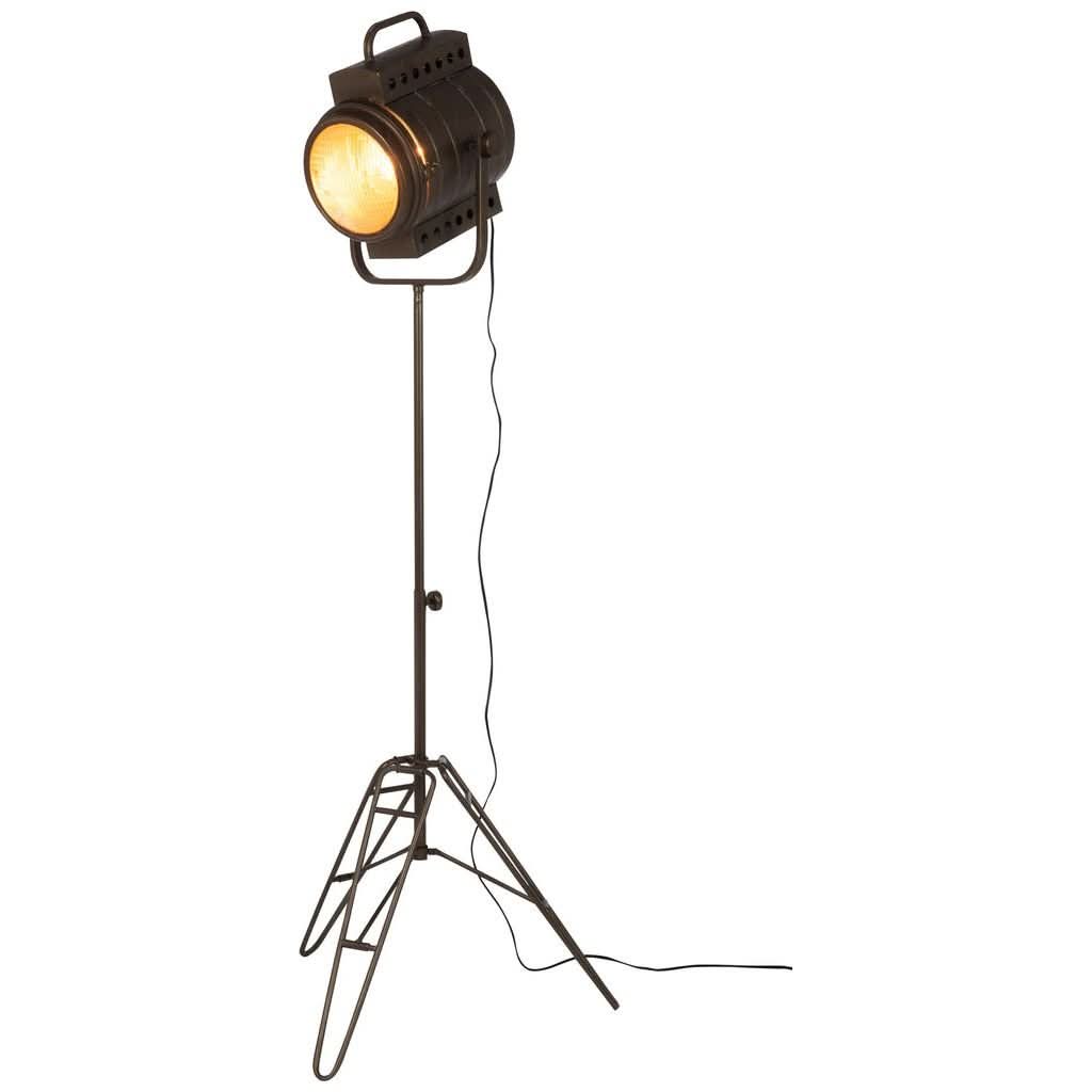 Projecteur sur pied tripode, métal noir et verre, orientable, présenté de face sur fond blanc.