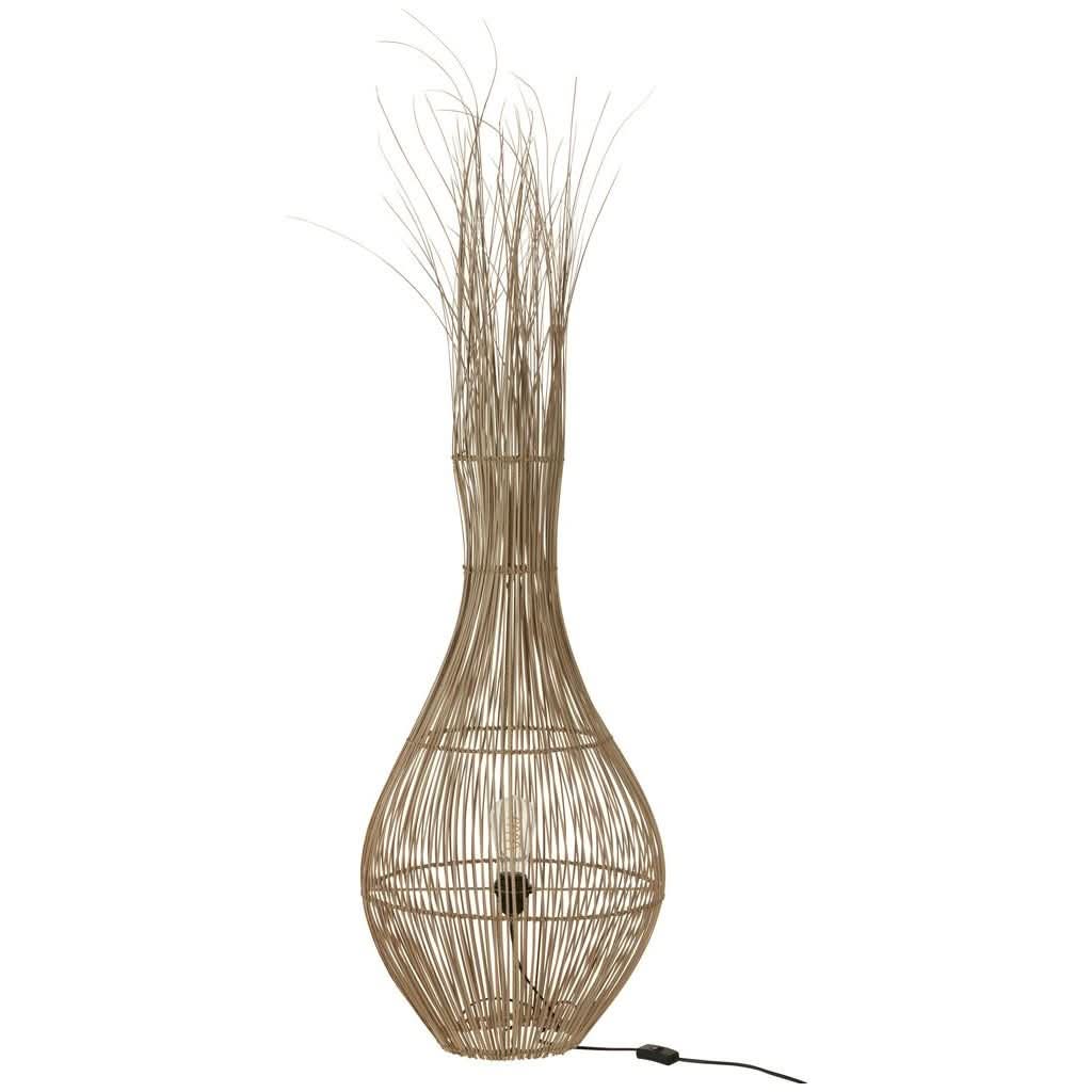 Lampe en tiges naturelles, silhouette allongée avec base arrondie et longues tiges verticales sur fond blanc.