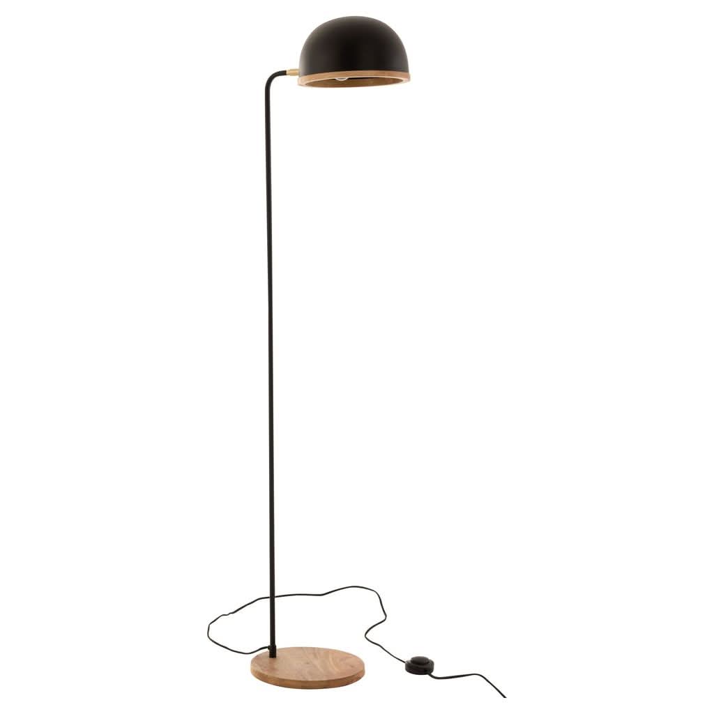Lampe sur pied noire avec abat-jour dôme et base ronde en bois clair, vue de face.