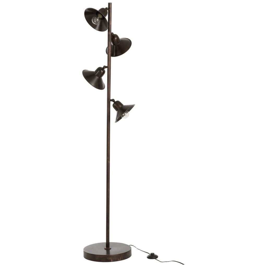 Lampe sur pied de face, quatre spots orientables en fer marron foncé et socle rond