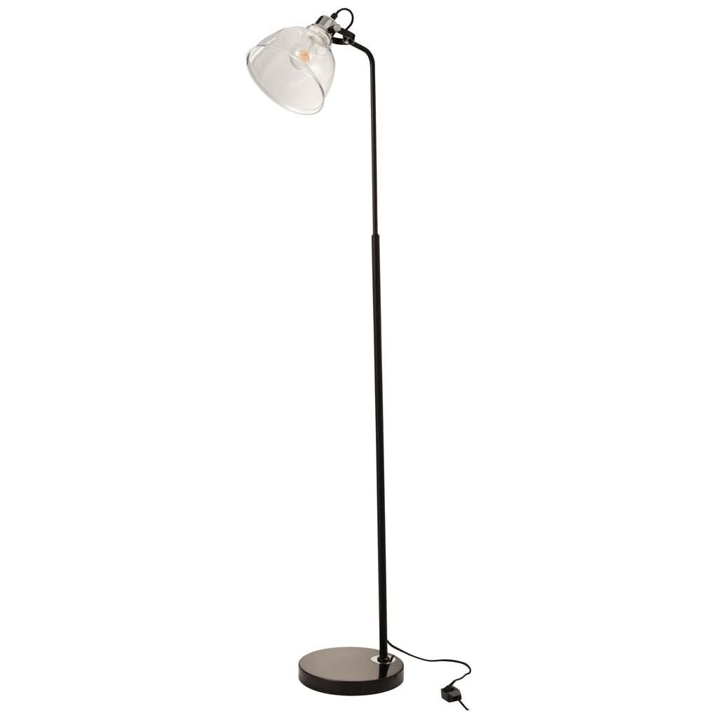 Lampe sur pied noire avec abat-jour en verre transparent incliné et base ronde