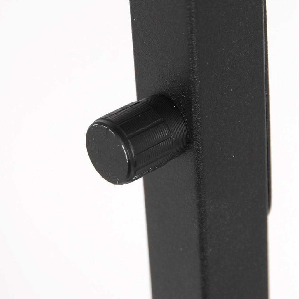 Détail de la tige noire avec molette cylindrique striée pour réglage, soudure visible sur le métal.