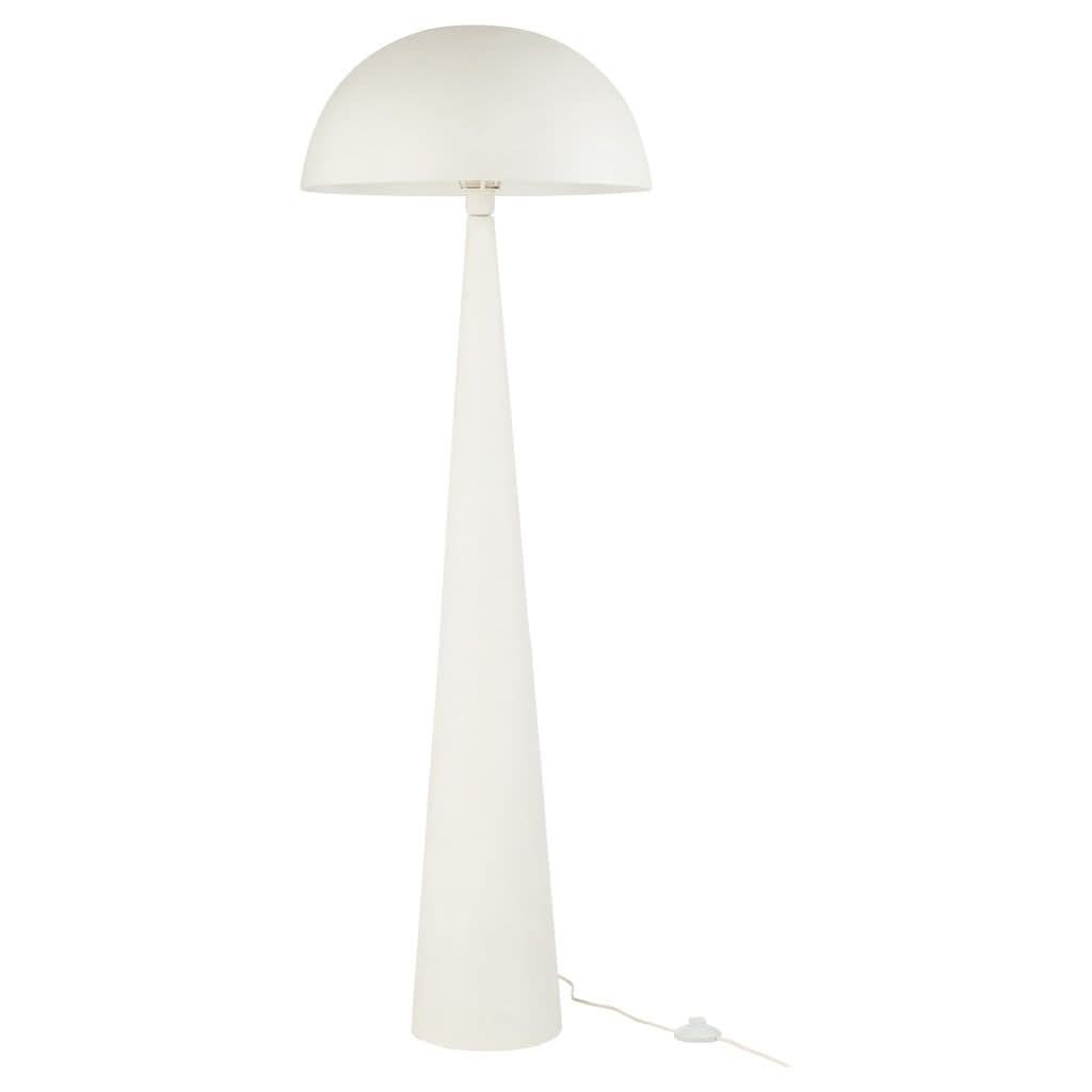 Lampe sur pied blanche de face, pied conique et grand abat-jour en dôme